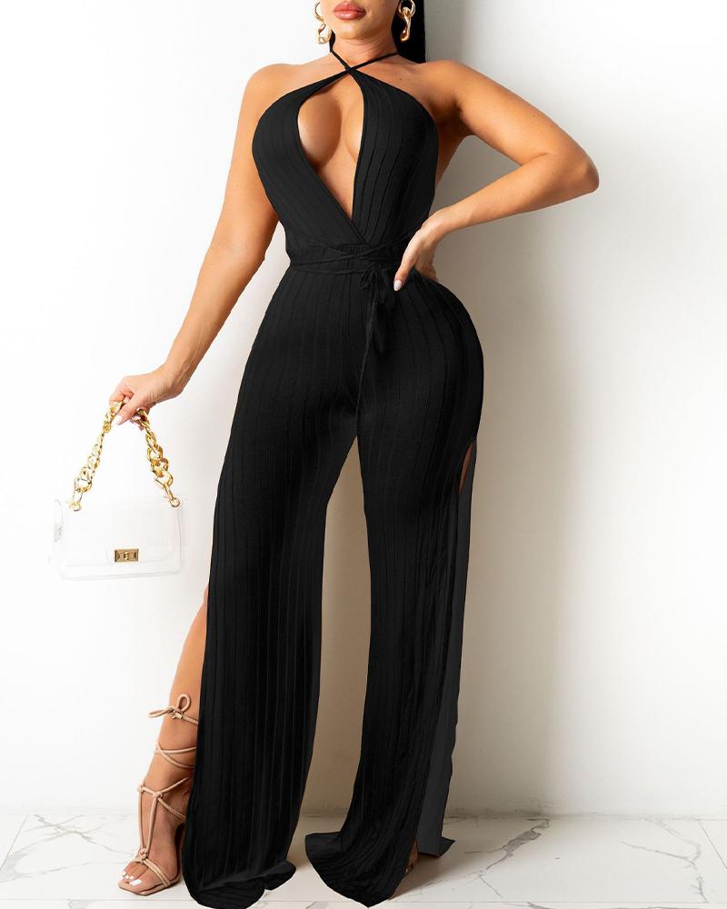

Criss Cross Tie Backless Sleeveless Cut-Out Split Wide Leg Jumpsuit, Black