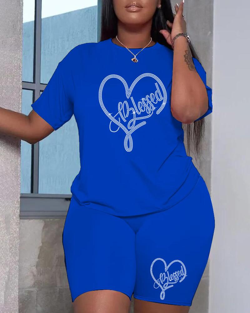 

Plus Size Rhinestone Heart Letter Pattern Top & Shorts Set, Blue