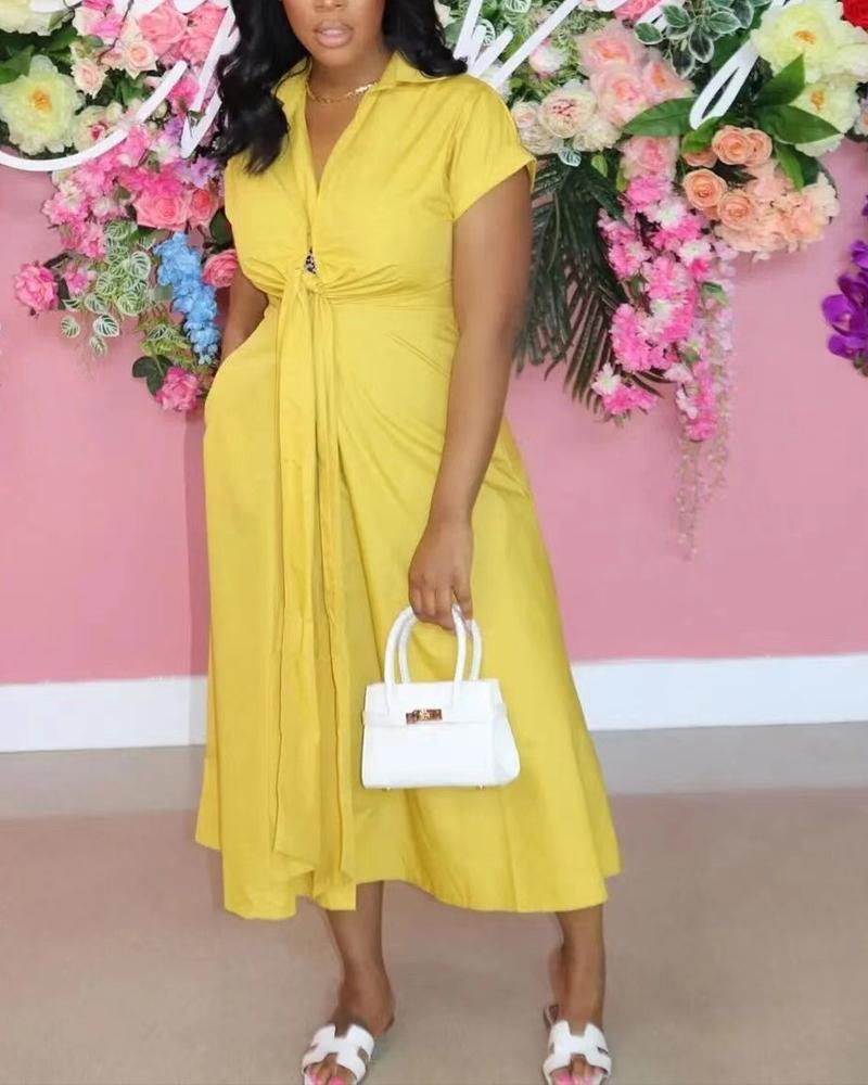 

Tie Front Pocket Design Shirt Dress, Yellow