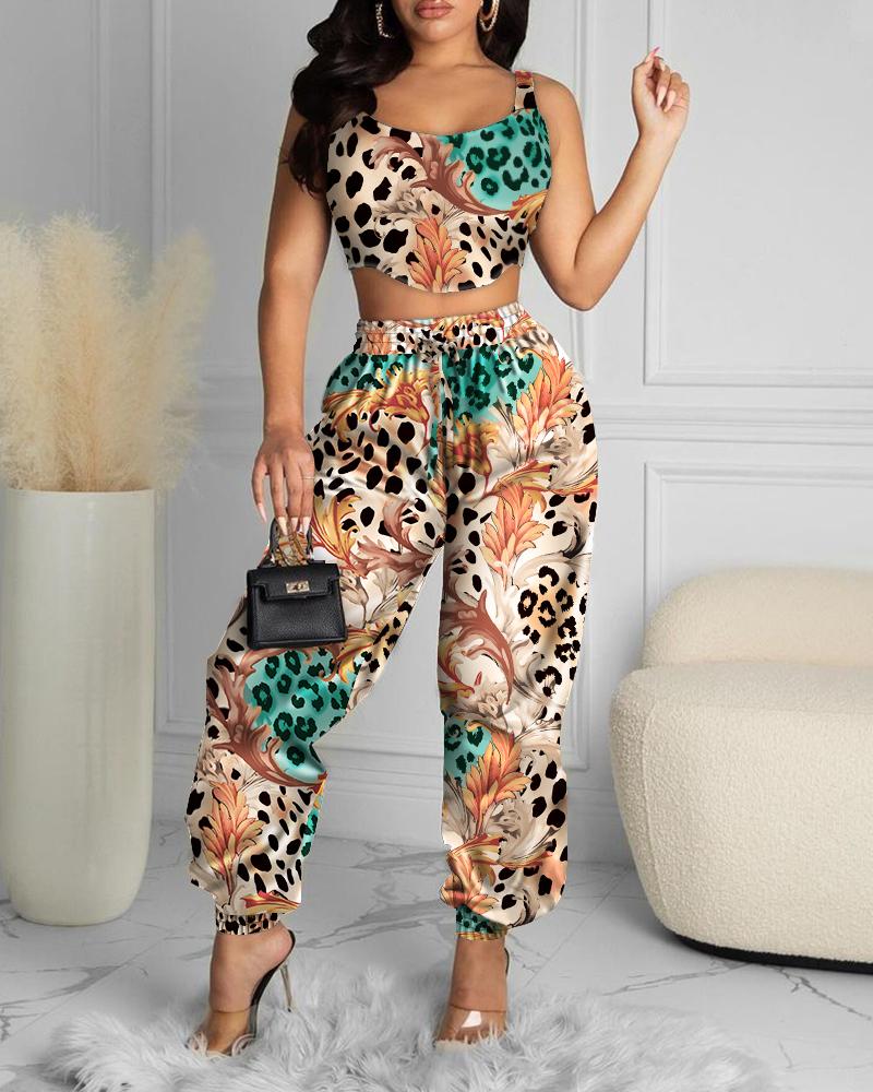 

Leopard Print Crop Top & High Waist Pants Set, Multicolor
