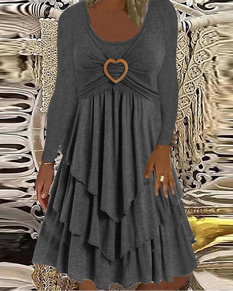 

Heart Pattern Long Sleeve Layered Ruffles Dress, Gray