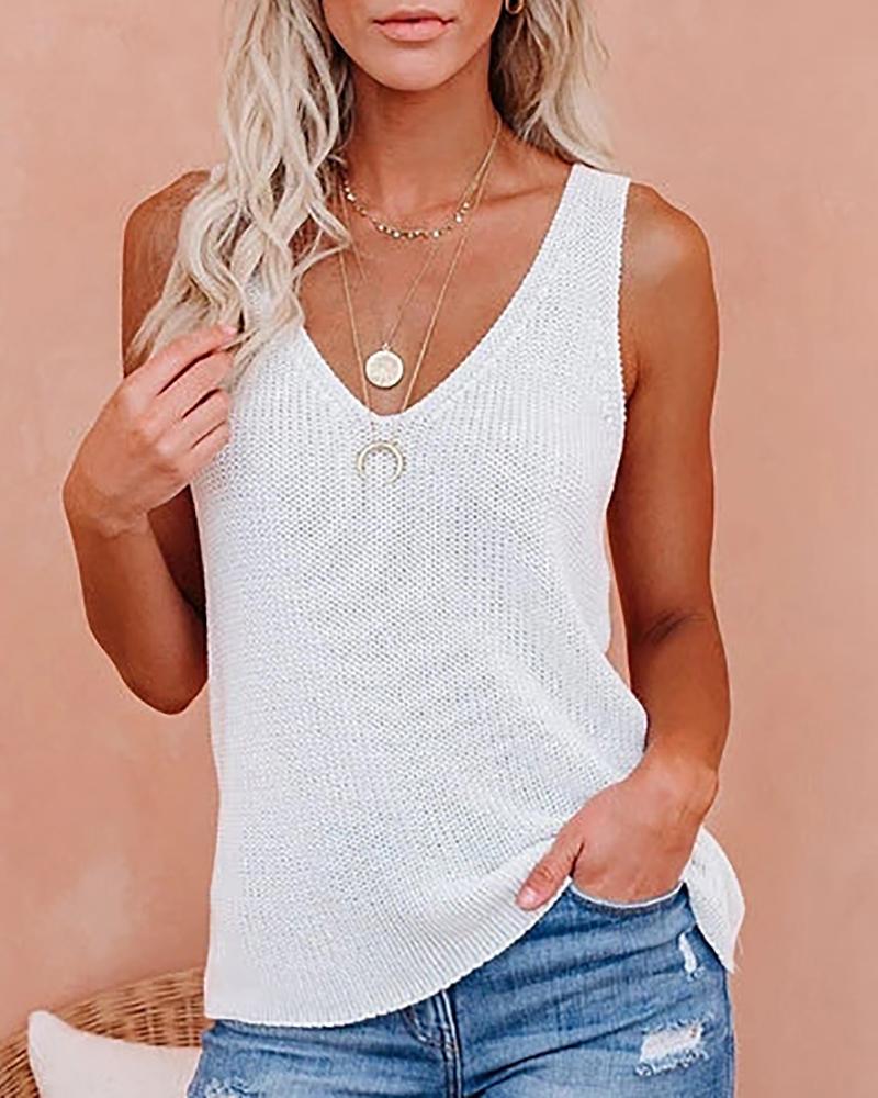 

Sleeveless V Neck Knit Casual Top, White