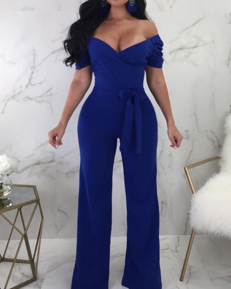 

Off Shoulder Tie Waist Wide Leg Jumpsuit, Dark blue