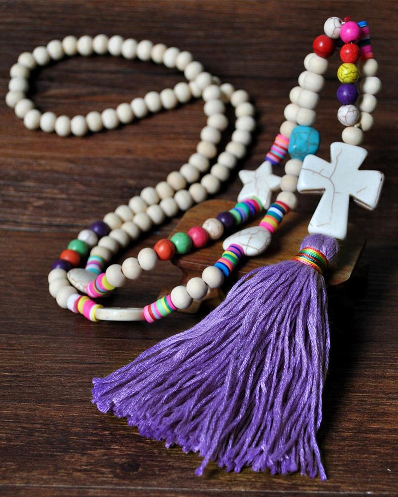 

1pc Beaded Tassel Design Pendant Necklace, Purple