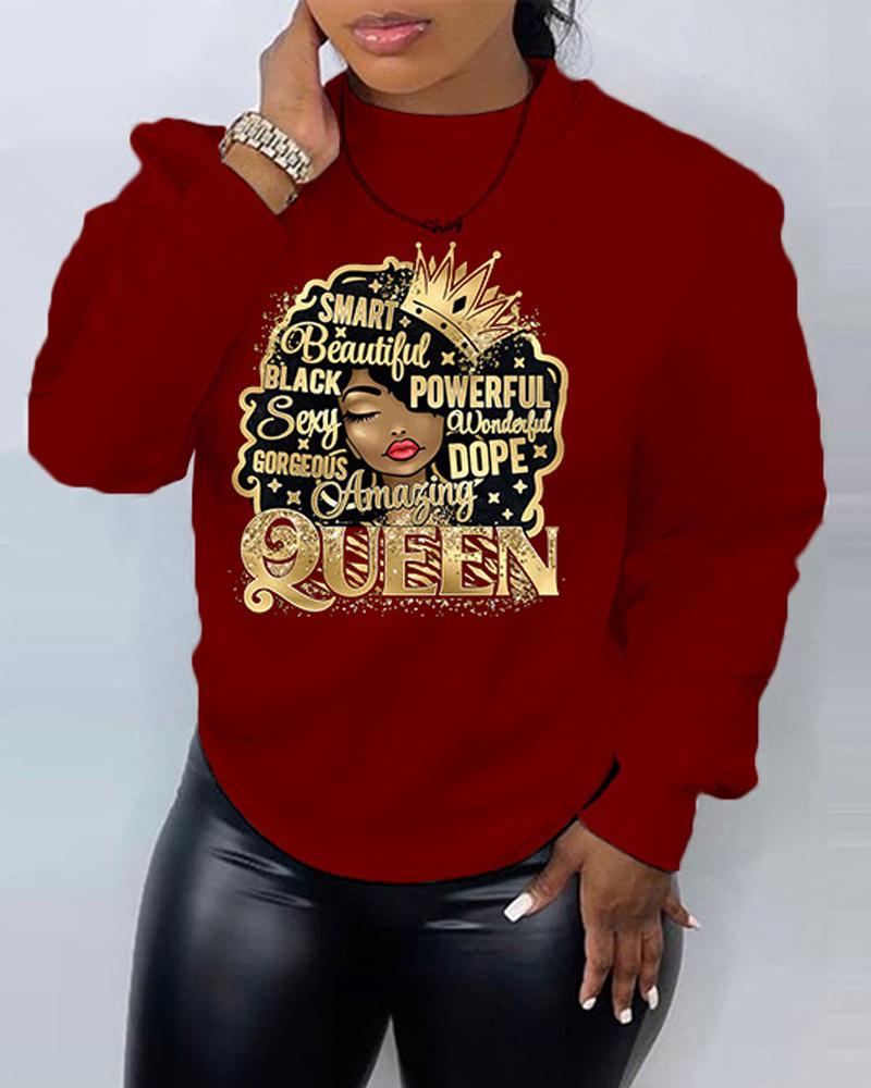 

Plus Size Figure Letter Print Long Sleeve Sweatshirt, Wine red