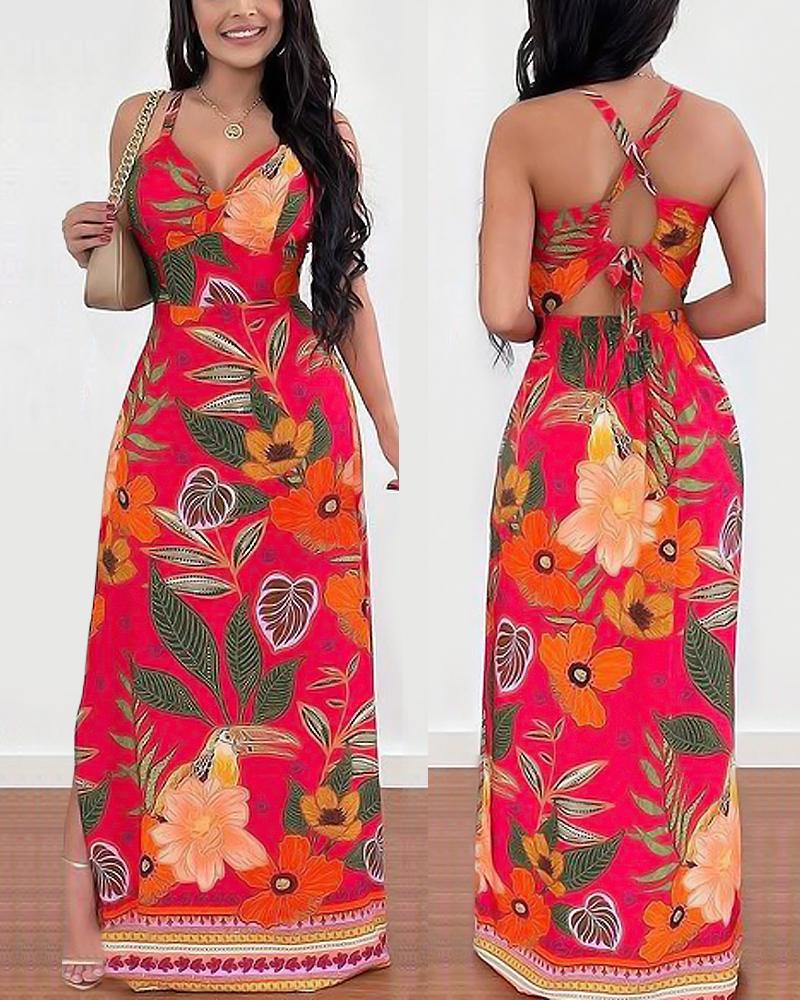 

Tropical Print Crisscross Backless Maxi Dress, Red