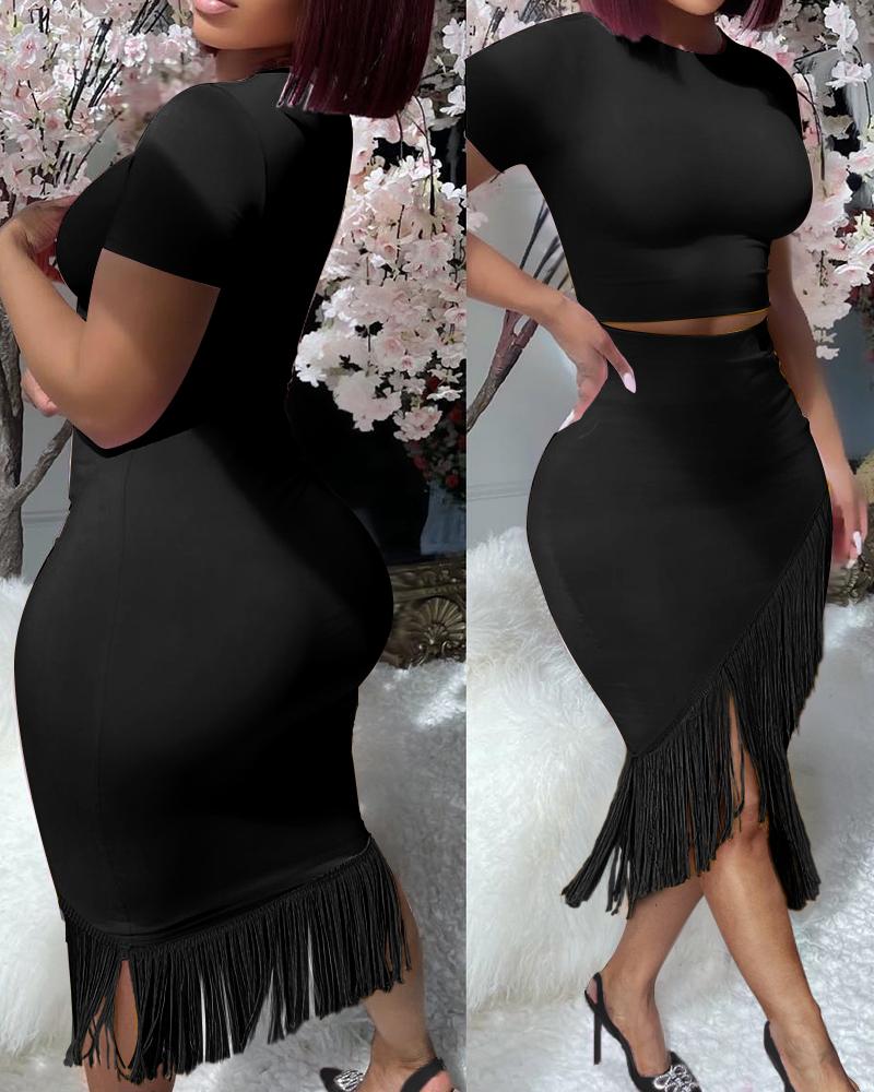 

Short Sleeve Top & Tassel Design Skirt Set, Black