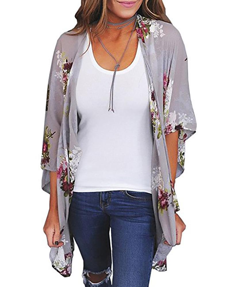 

Floral Print Long Sleeve Cover Up, Gray