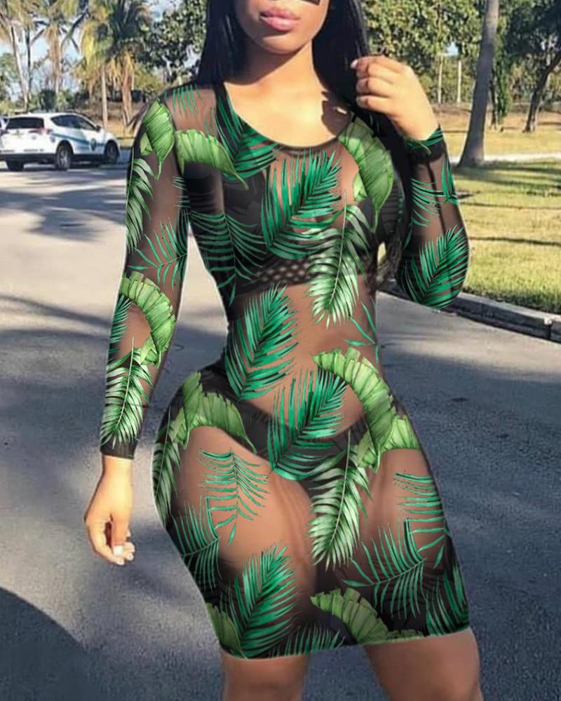 

Tropical Print Sheer Mesh Bodycon Dress, Green