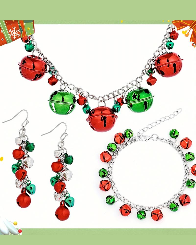 

3PCS Christmas Jingle Bell Beaded Chain Necklace & Drop Earrings & Bracelet Jewelry Set, Multicolor