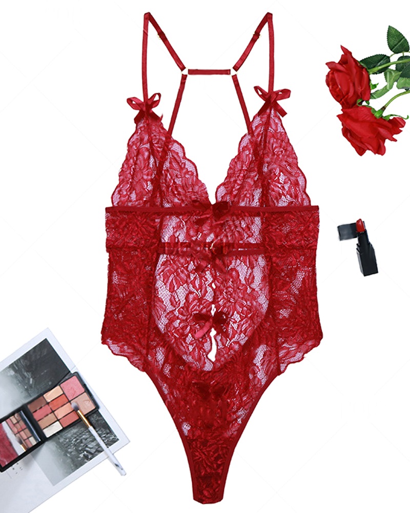 

Bowknot Decor Backless Lace Teddy, Red