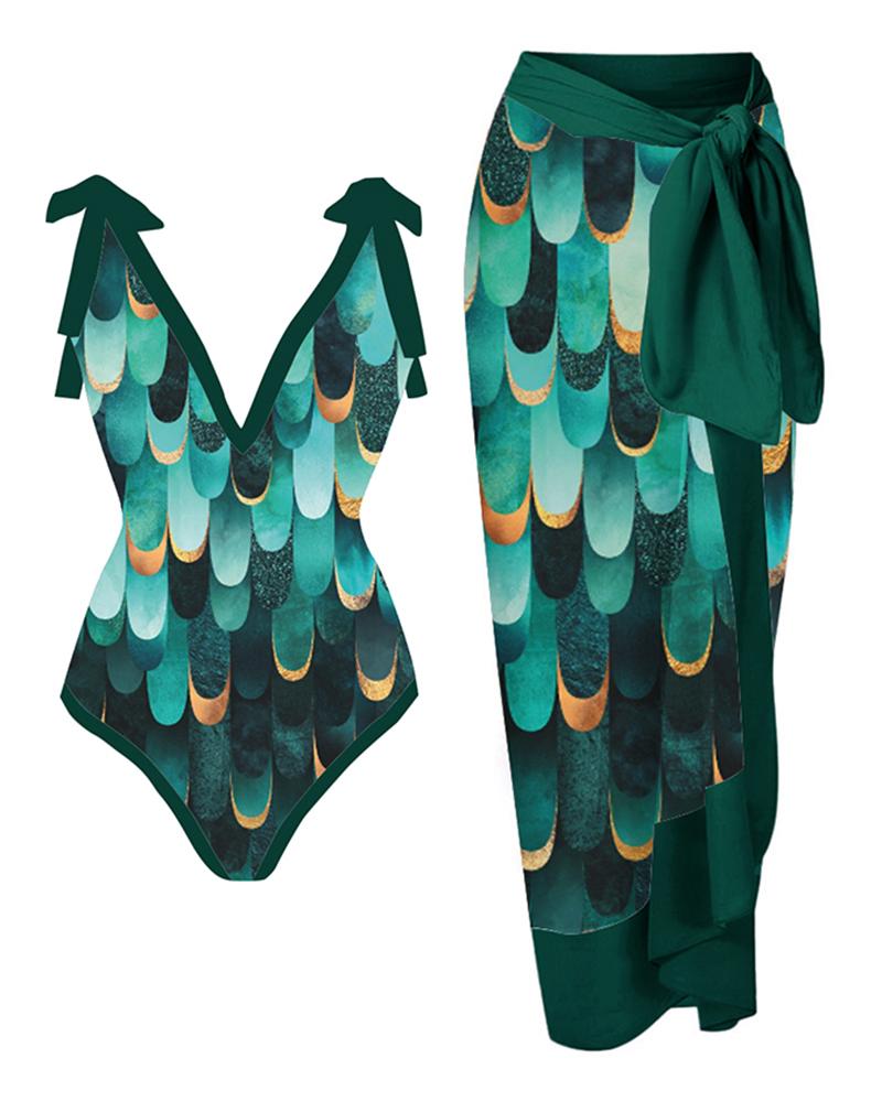 

Abstract Print Tied Detail One Piece Swimsuit With Cover Up, Green
