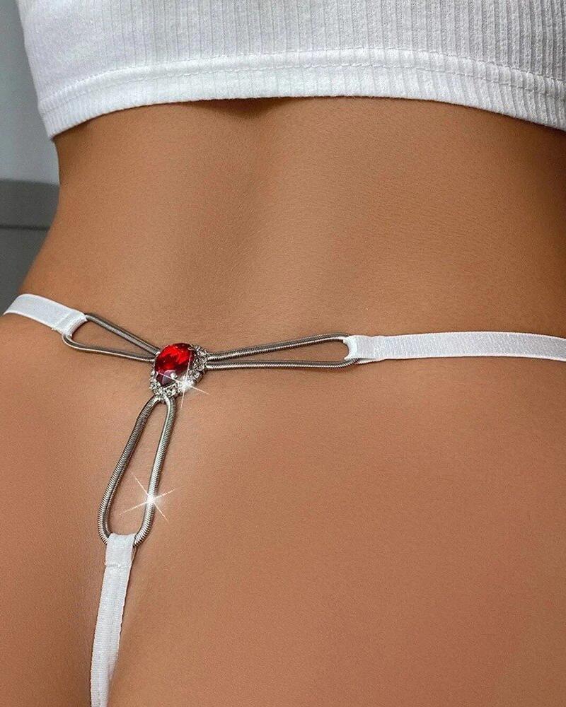 

Hollow Out Rhinestone Gemstone Decor Thong Panty, White