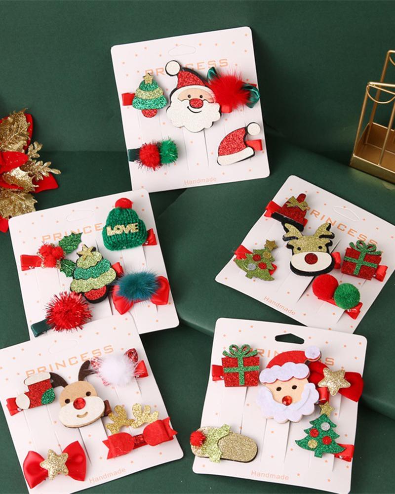 

5pcs Christmas Cartoon Santa Elk Hat Gift Shaped Hair Clips Set, Style1