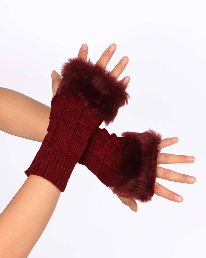 

Christmas Fuzzy Trim Knit Fingerless Gloves, Wine red
