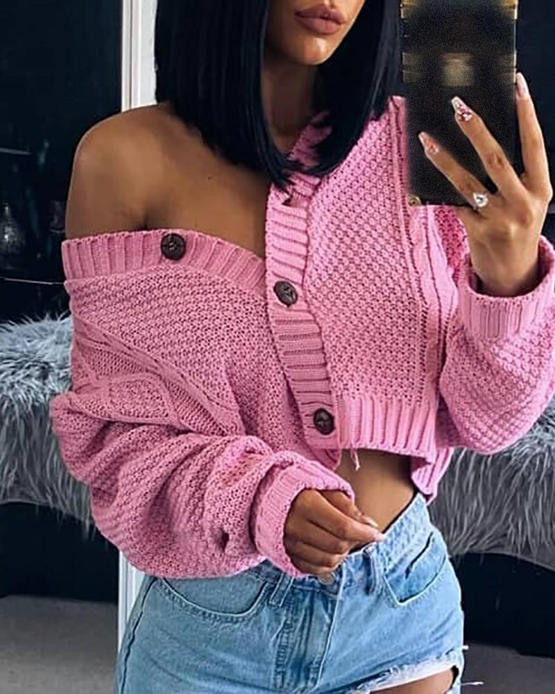 

Knit Button Design Long Sleeve Crop Cardigan, Pink