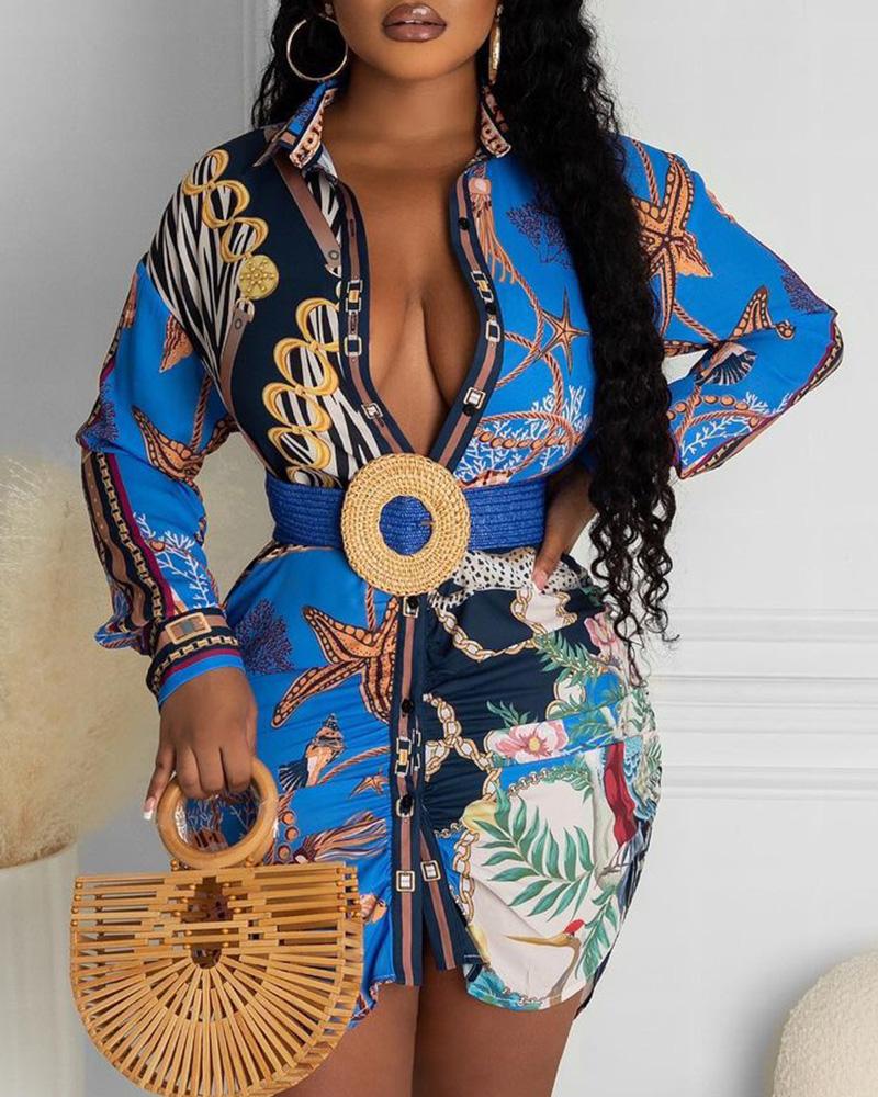 

Tropical Graphic Print Long Sleeve Shirt Dress, Blue