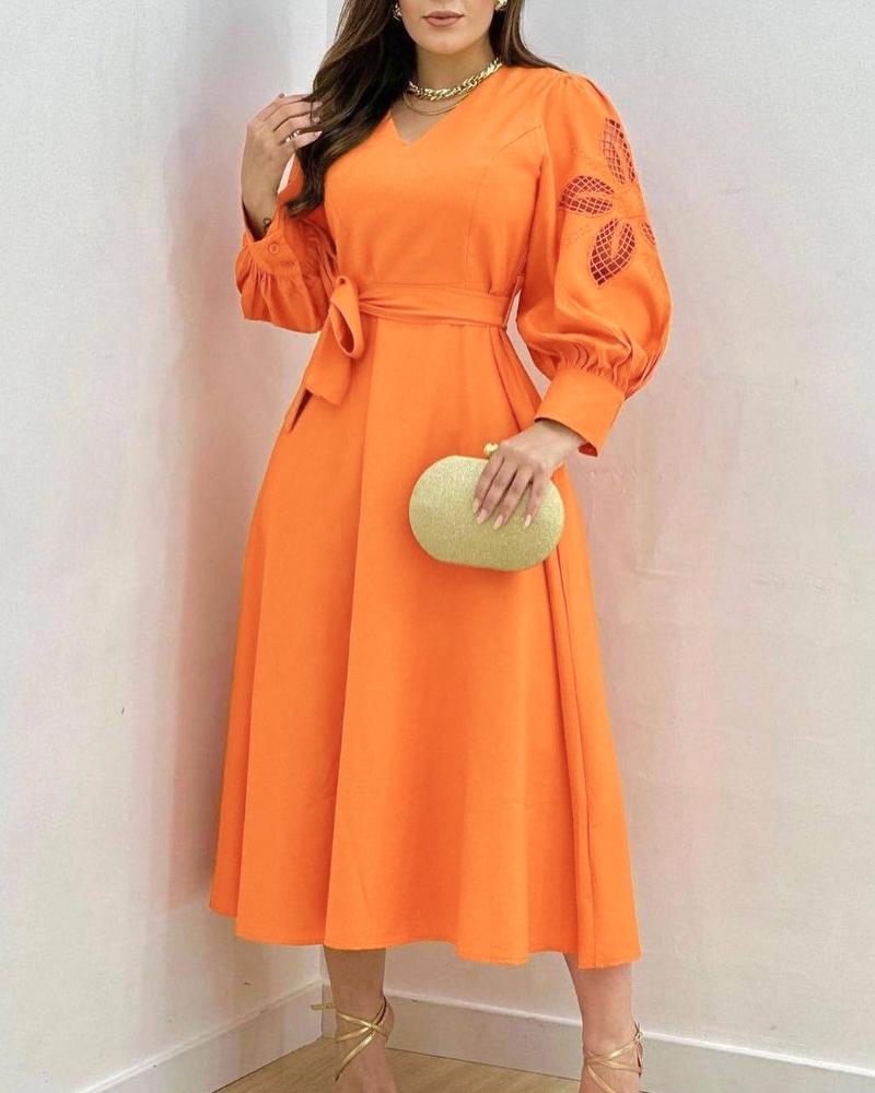 

Eyelet Embroidery V-Neck Lantern Sleeve Maxi Dress Casual Tied Detail A Line Ruched Dress, Orange