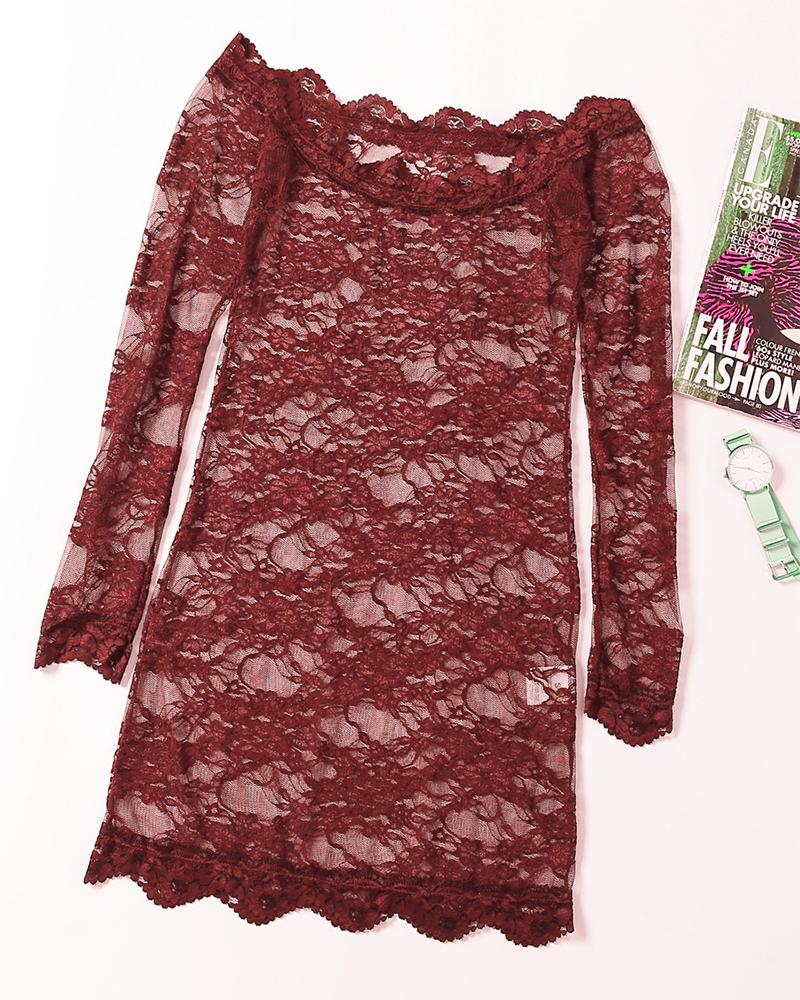 

Sexy See-through Lace Off Shoulder Long Sleeve Bodydolls, Wine red