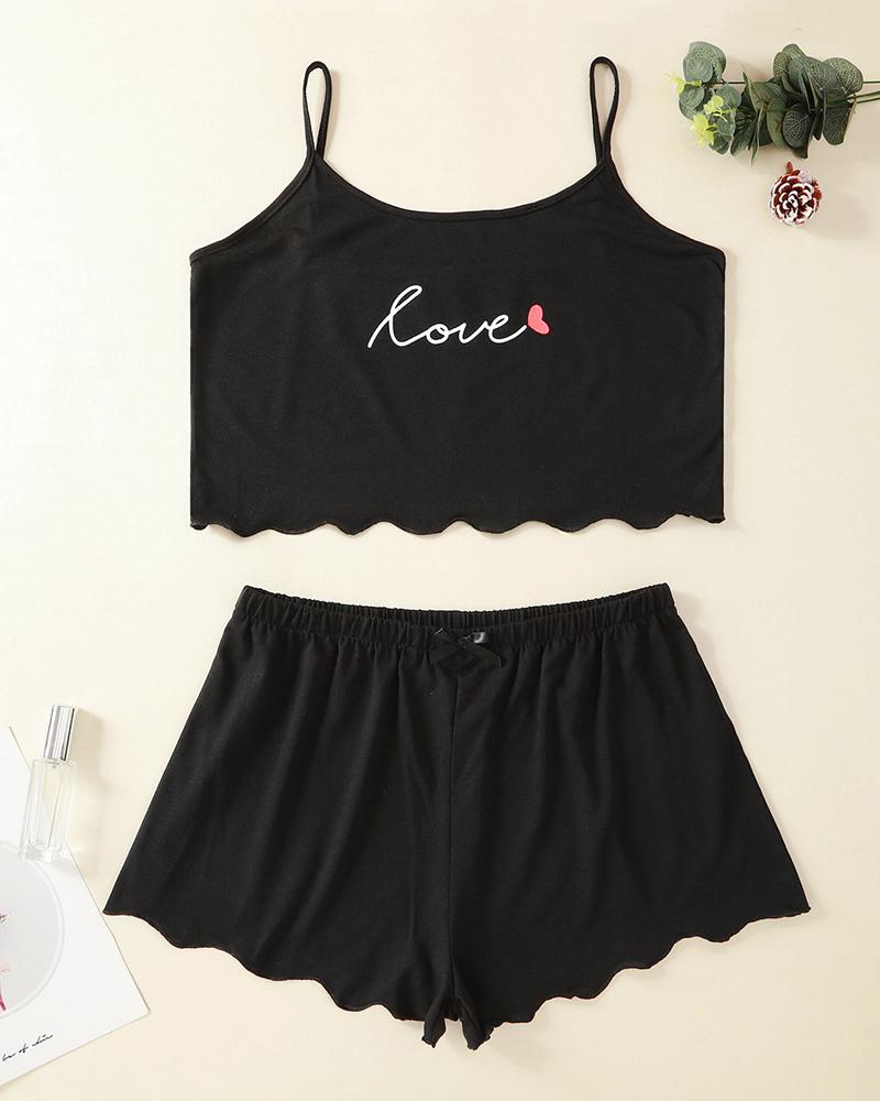 

Plus Size Love Heart Print Bow Decor Cami Set, Black