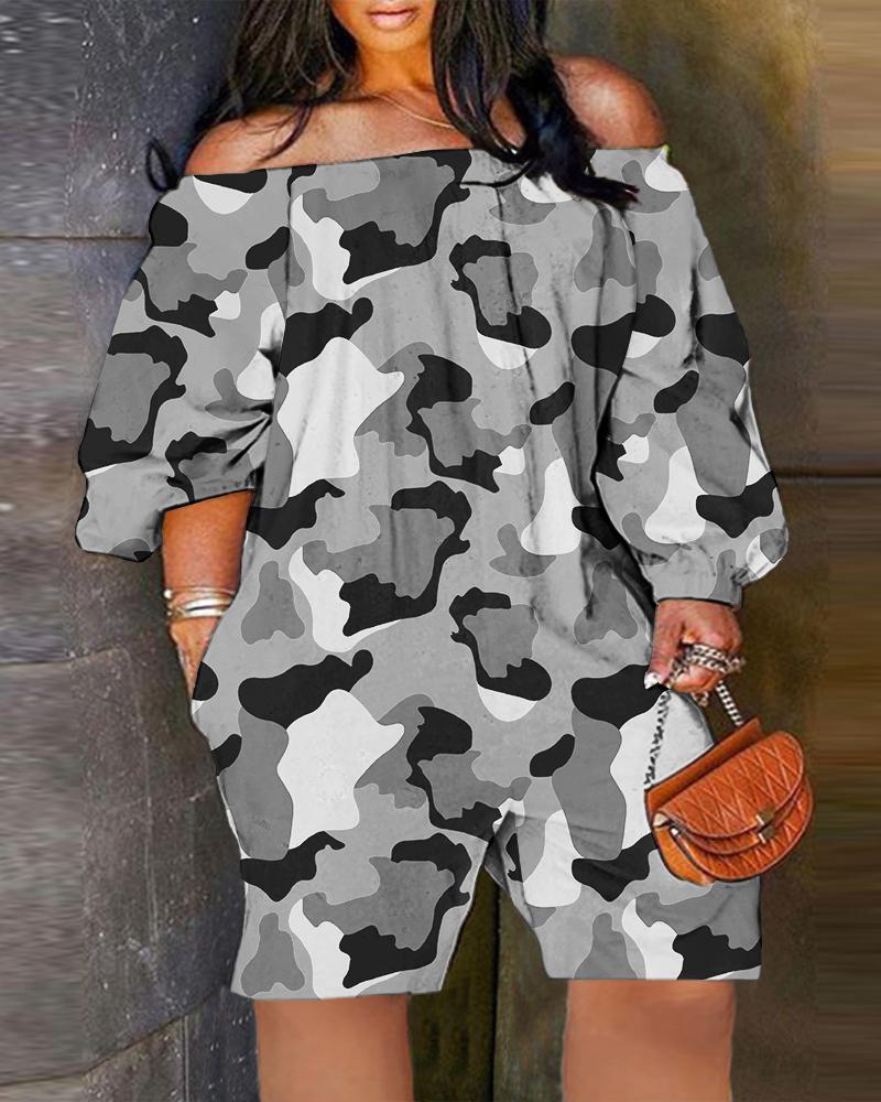 

Plus Size Camouflage Print Off Shoulder Casual Romper, Gray