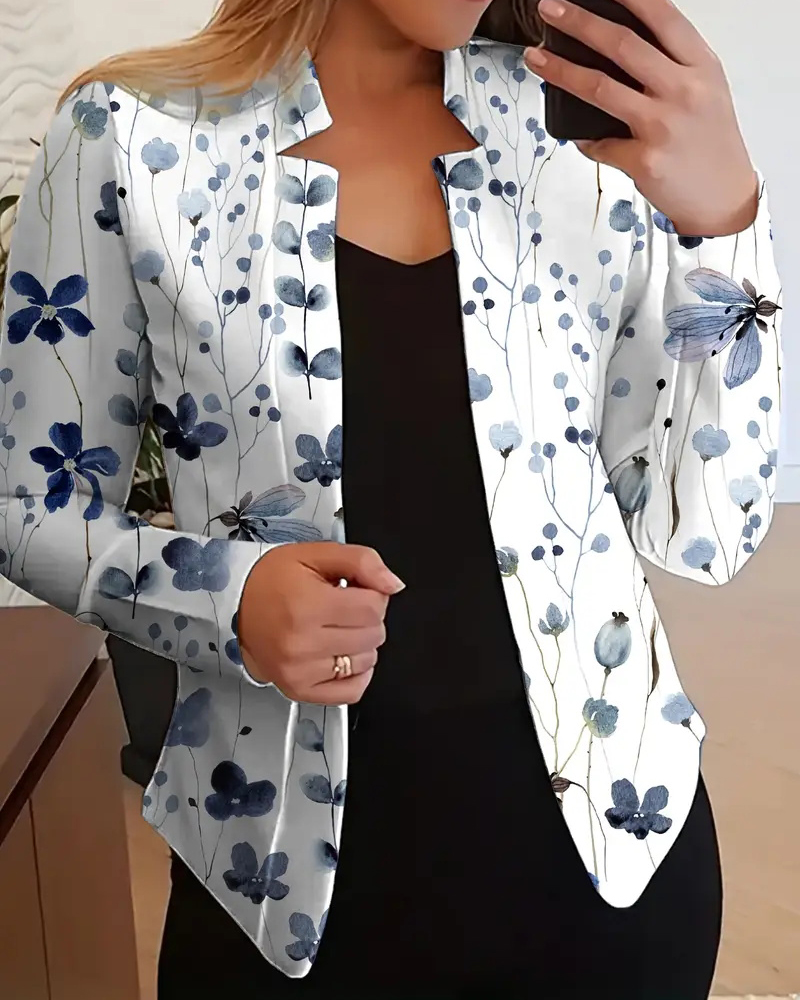 

Blazer informal elástico con estampado floral, manga larga y parte delantera abierta, White
