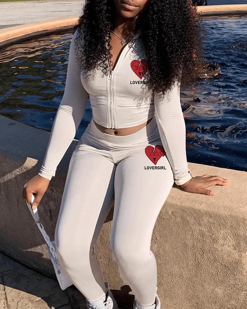 

Heart Pattern Crop Top & High Waist Pants Set, White