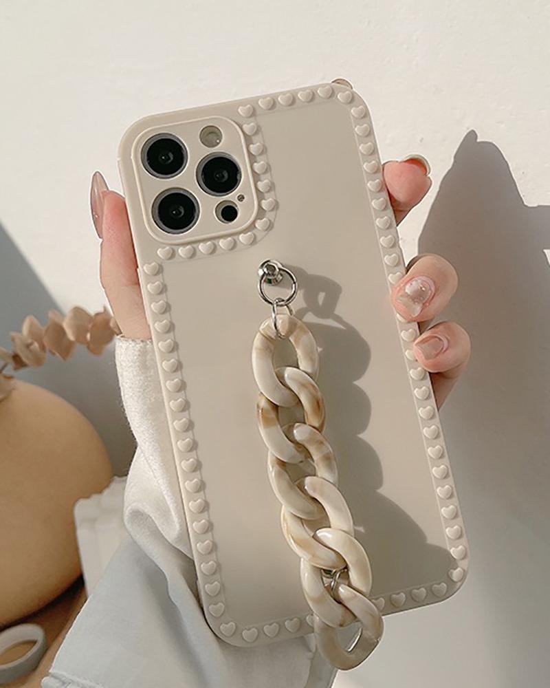 

Heart Pattern Decor iPhone Case With Chain Hand Strap, White
