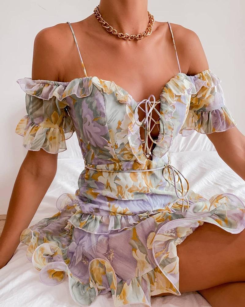 

Cold Shoulder Lace-Up Ruffle Hem Floral Print Dress, Multicolor
