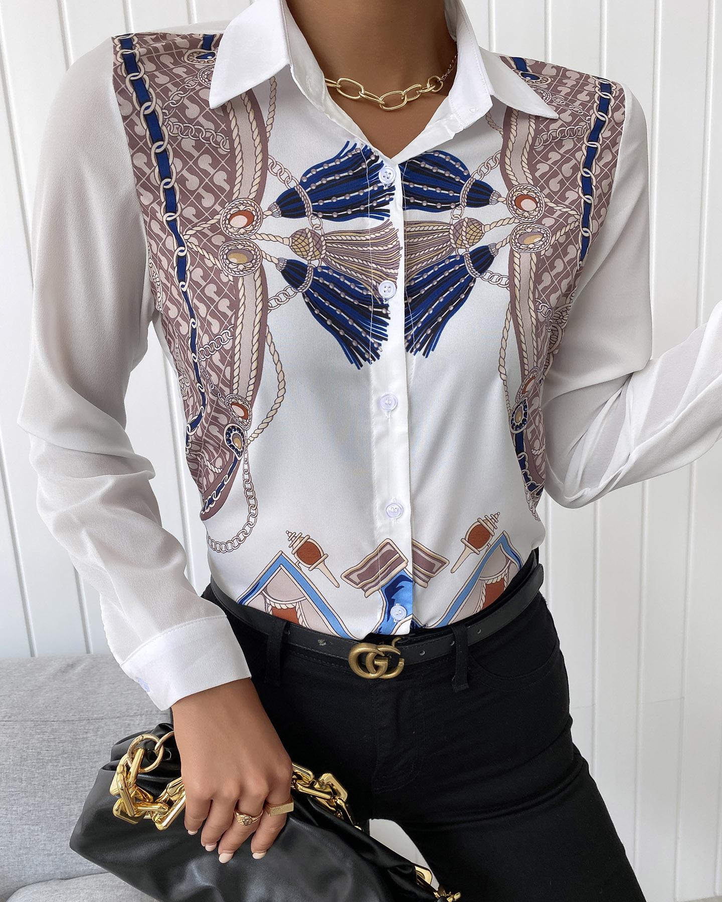 

Scarf Chain Print Button Design Long Sleeve Shirttan, White