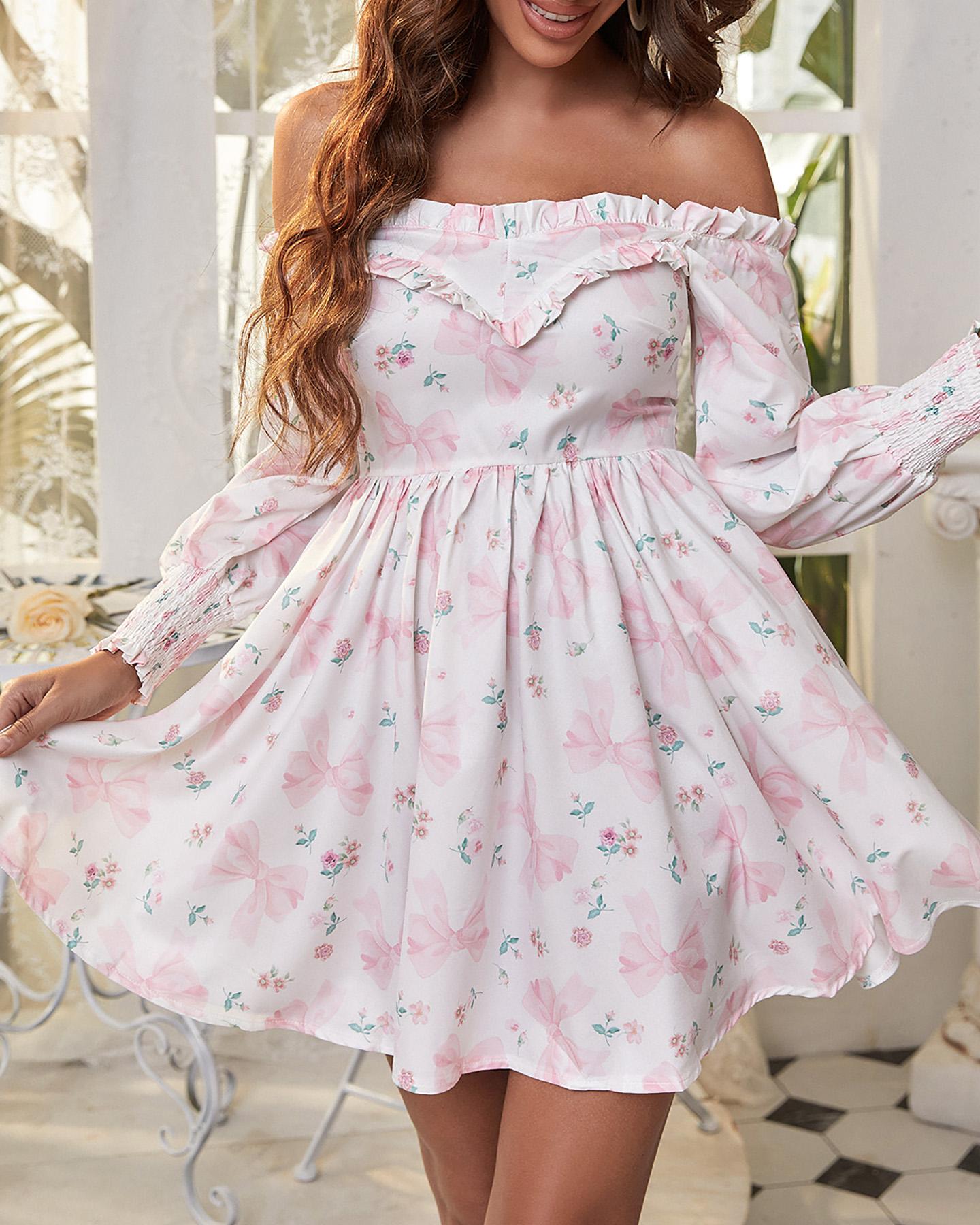 

Floral Print Off Shoulder Lantern Sleeve Frill Hem Dress, White