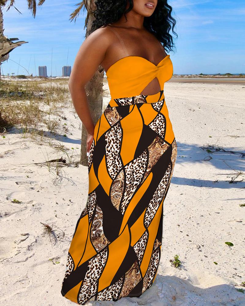 

Plus Size Baroque Leopard Print Bandeau Twisted Maxi Dress, Dark yellow