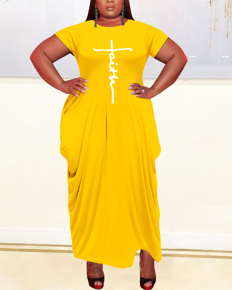 

Plus Size Letter Print Long Sleeve Maxi Dress, Yellow