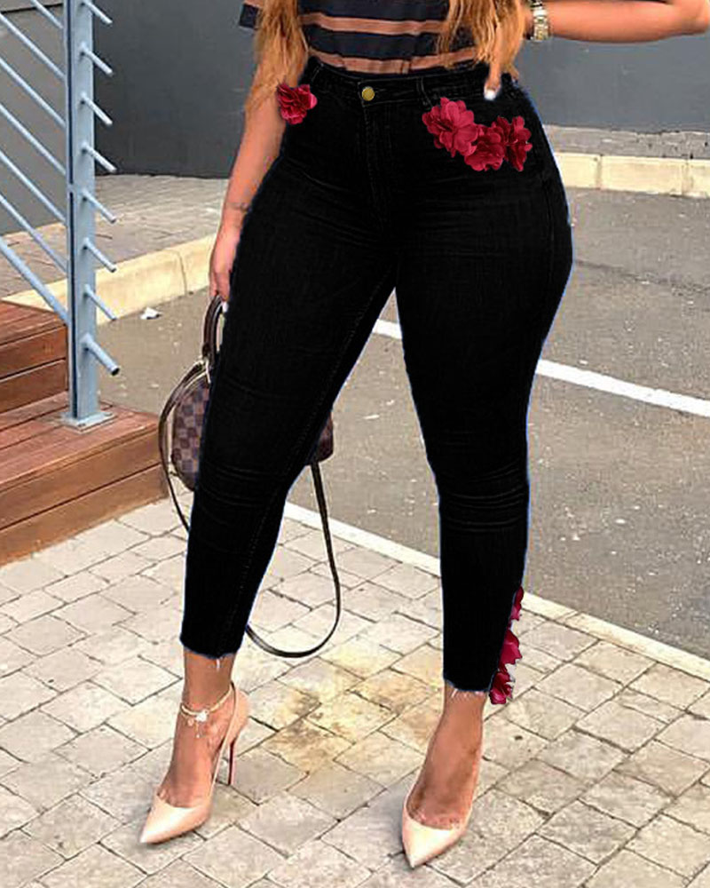 

Plus Size Floral Patch Zipper Fly Skinny Jeans, Black