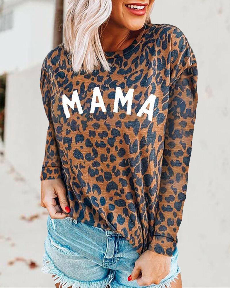 

Letter Cheetah Print Long Sleeve T-Shirt, Style1