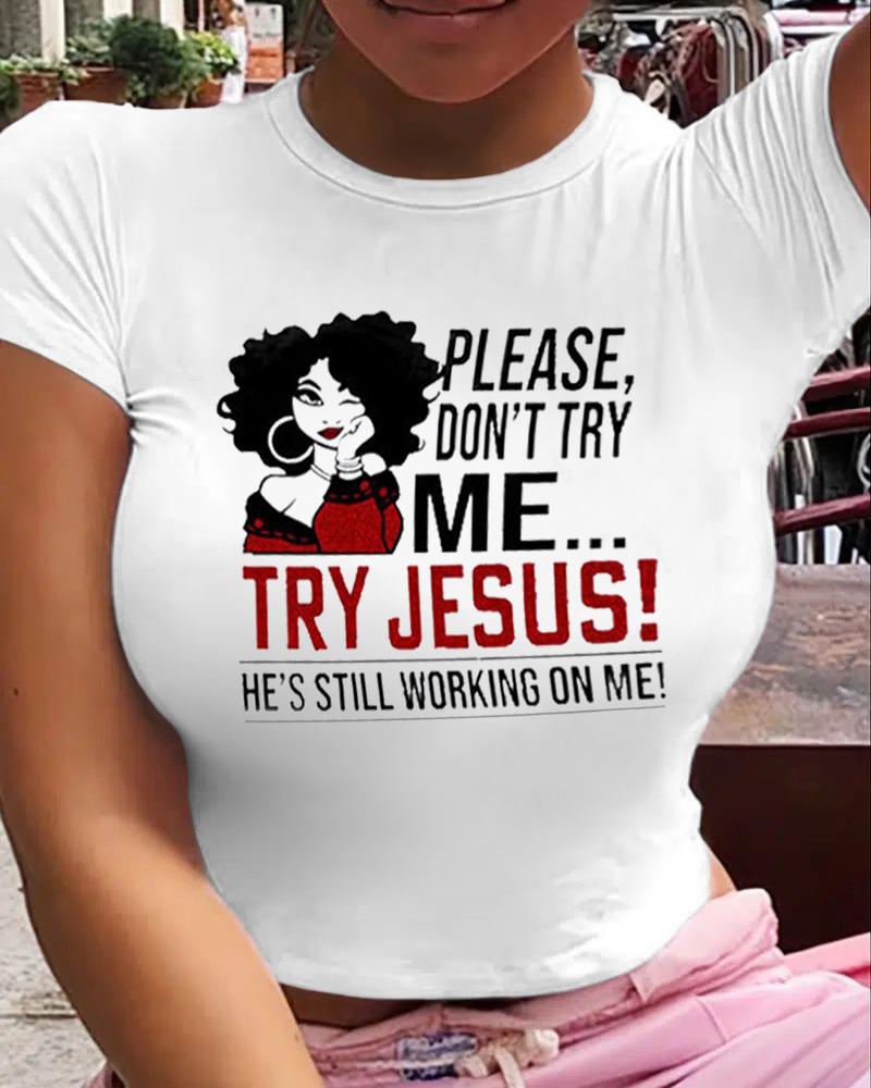 

Plus Size Letter Figure Print Short Sleeve Casual T-shirt, White