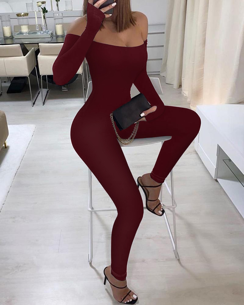 

Off Shoulder Long Sleeve Skinny Jumpsuit, Wine red
