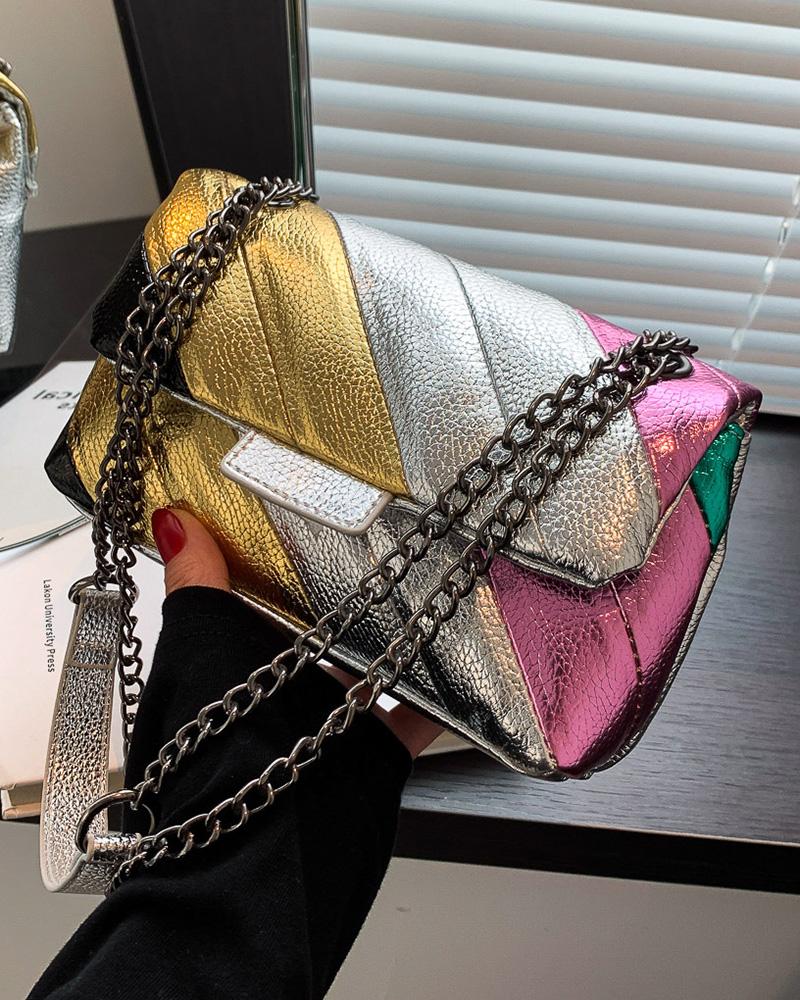 

Colorblock Metallic Chain Strap Eyelet Flap Shoulder Bag, Multicolor