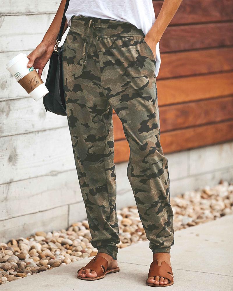 

Camo Print Drawstring Pocket Design Sweatpants, Coffee