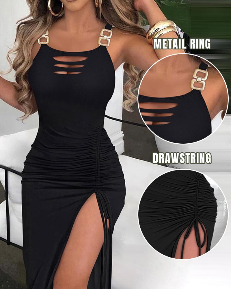 

Vestido justo com corte em escada, franzido, alça com fivela, fenda lateral, cordão, vestidos longos para festa em boate, Black