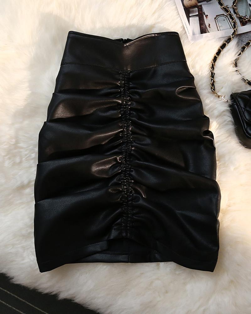 

Ruched PU Leather Zipper Design Skirt, Black