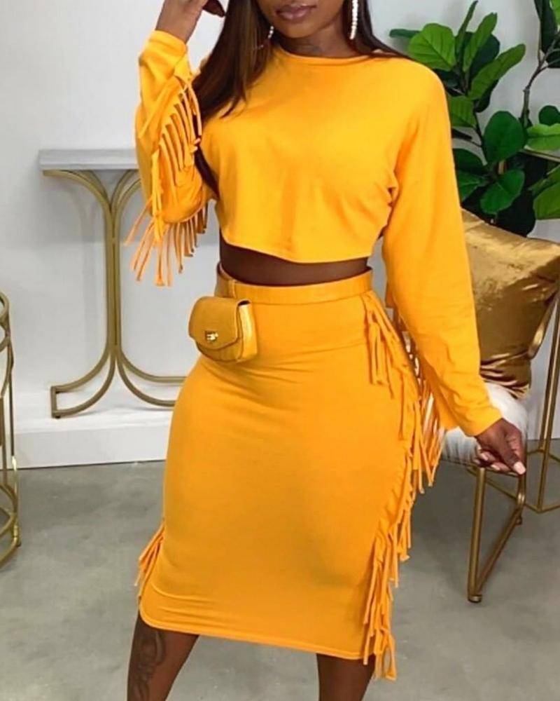 

Long Sleeve Tassel Decor Top & Skirt Set, Yellow