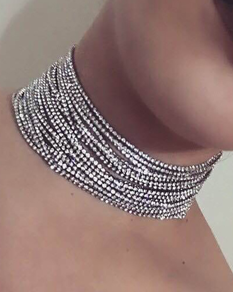 

Rhinestone Decor Layered Choker, Silver