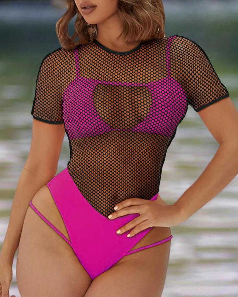 

Fishnet Cutout One Piece Swimsuit With Bikini Top, Hot pink