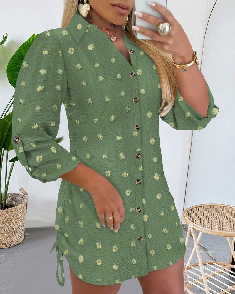 

Vestido camisero de gasa de manga larga con cuello alto y lunares suizos grandes, vestido informal de diseño mini con botones, Army green