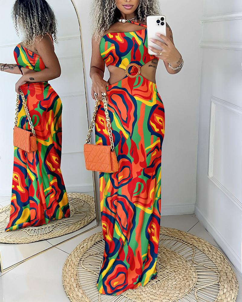 

Multi-color Abstract Print Hollow Out Maxi Dress, Orange