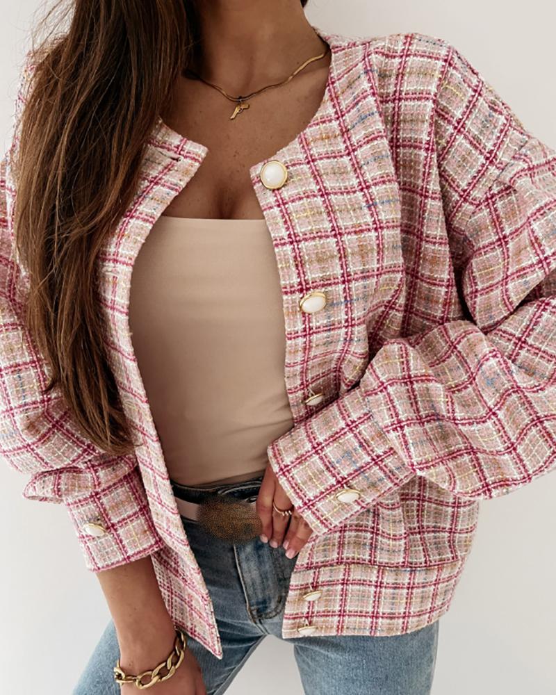 

Plaid Button Front Tweed Lantern Sleeve Coat, Pink