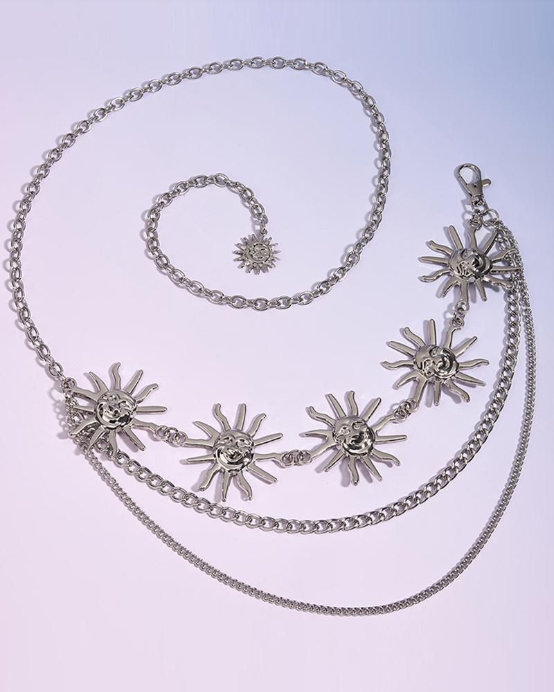 

Layered Tassel Sun Pattern Waist Chain Belt, Silver