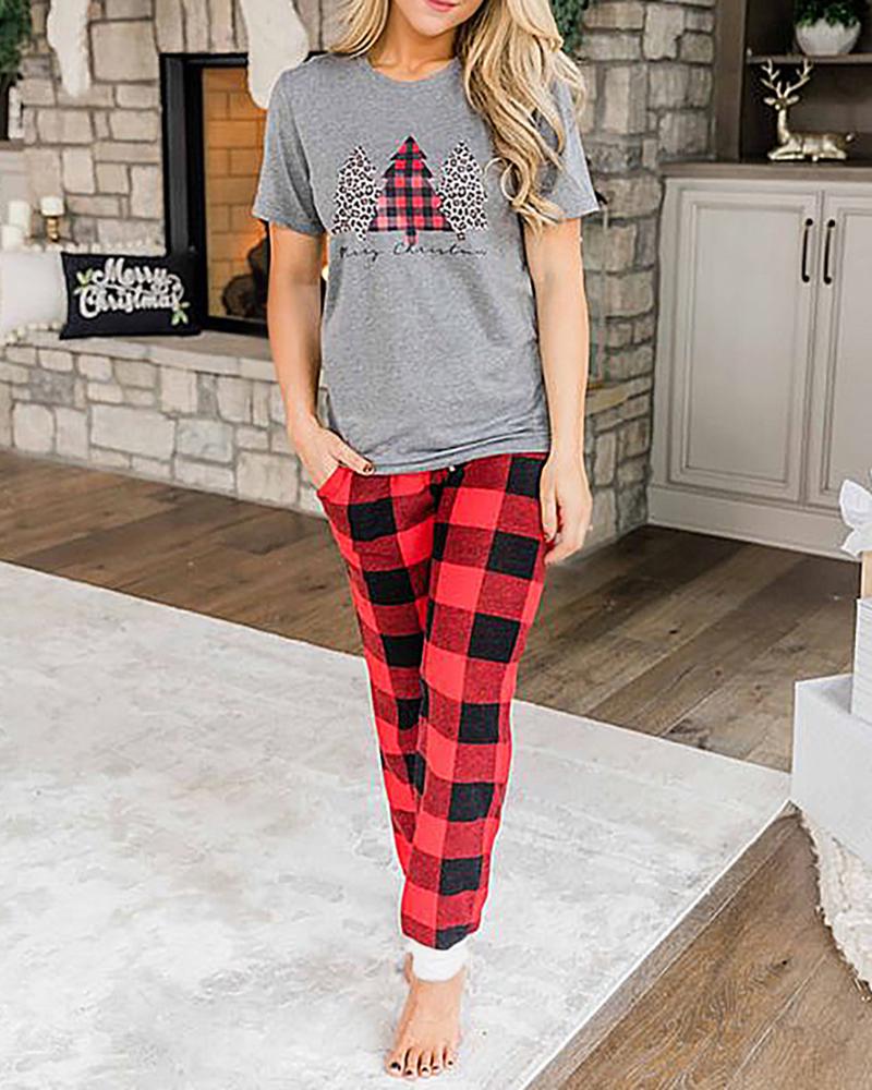 

Christmas Letter Print Short Sleeve Top & Pants Set, Gray