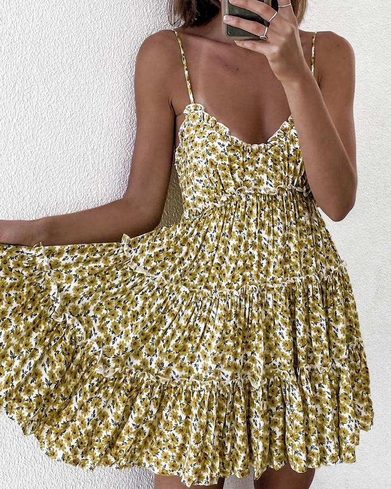 

Spaghetti Strap Ditsy Floral Print Ruched Dress, Yellow